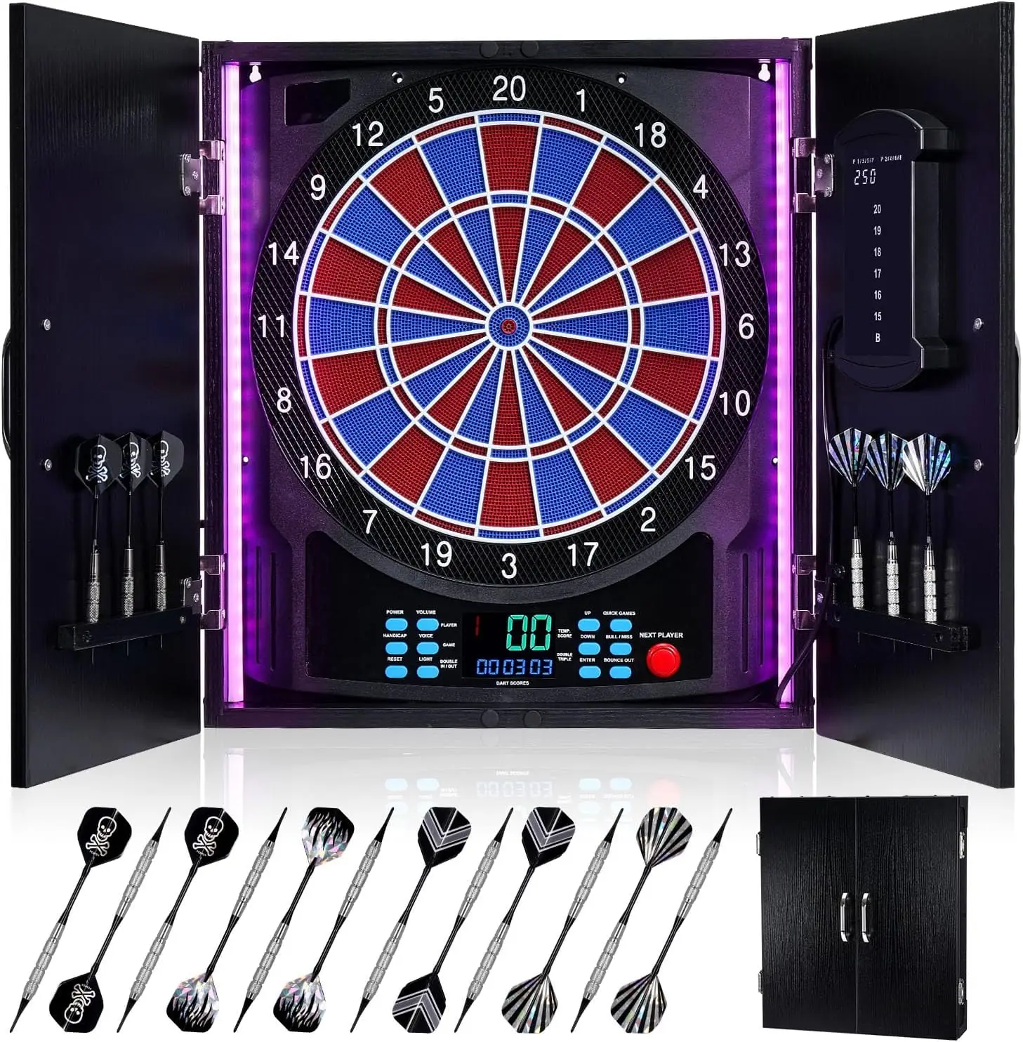Electronic Dartboard Cabinet - กระดานปาลูกดอกอิเล็กทรอนิกส์, ตู้กระดานปาลูกดอกไฟฟ้าพร้อมกระดานแสดงคะแนน | [ลูกดอกปลายอ่อน 12 ดอก]